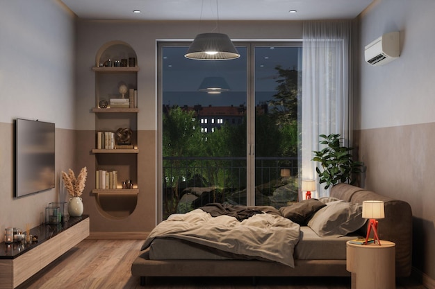 Modern bedroom interior at night with messy double bed air\
conditioner and television set