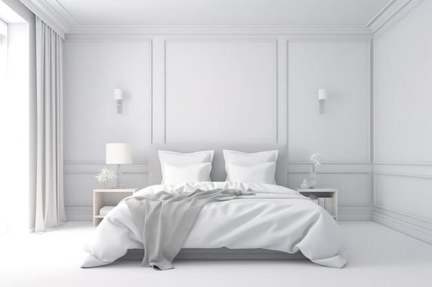 현대적인 침실 인테리어 빈 벽 배경 스칸디나비아 스타일 3d 렌더링 Generative AI에 침실 침실 인테리어 모형 나무 등나무 침대의 세련된 인테리어
