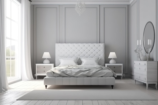 Modern bedroom interior Stylish interior of bedroom bedroom interior mockup wooden rattan bed on empty wall background Scandinavian style 3d render Generative AI