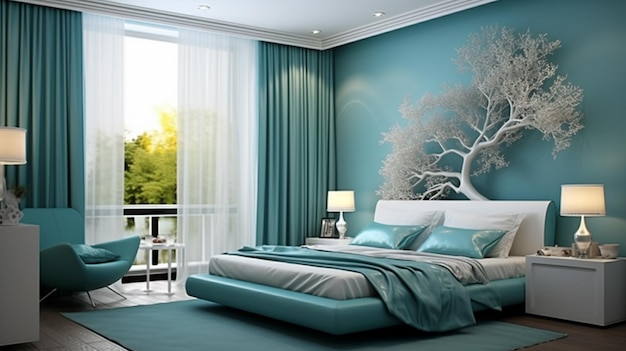 modern bedroom interior in turquoise color