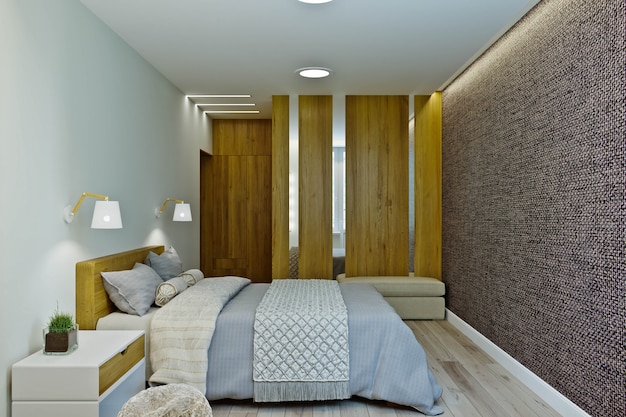 Modern bedroom interior in warm colors with wood paneling.