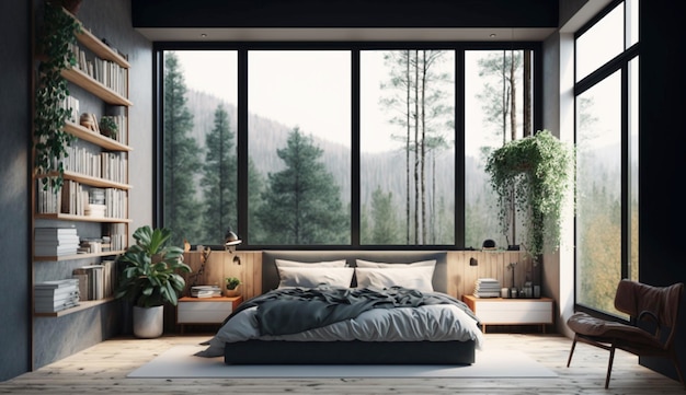 Modern bedroom interior with big windows and and nature frame on the wall Generative Ai