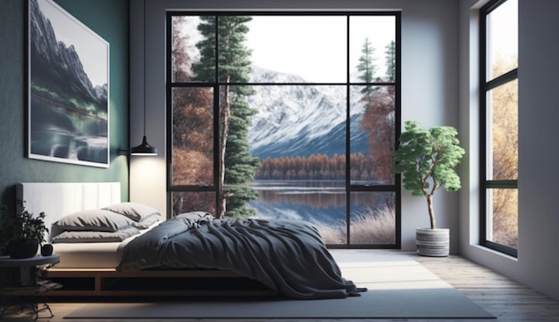 Современный интерьер спальни с большими окнами и природной рамой на стене Generative Ai