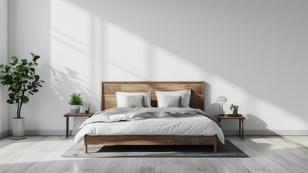 복사 공간을 위해 빈 벽을 가진 현대적인 침실 인테리어 나무 침실 인테리어 AI Generative
