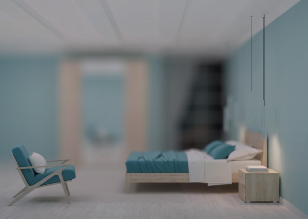 Modern bedroom interior with blue walls. Night. Evening lighting. 3D rendering.