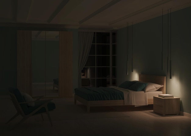 Современный интерьер спальни с голубыми стенами. Ночь. Вечернее освещение. 3D-рендеринг.