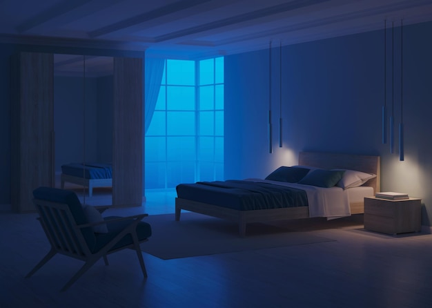 파란색 벽이 있는 현대적인 침실 인테리어입니다. 밤. 저녁 조명. 3D 렌더링.