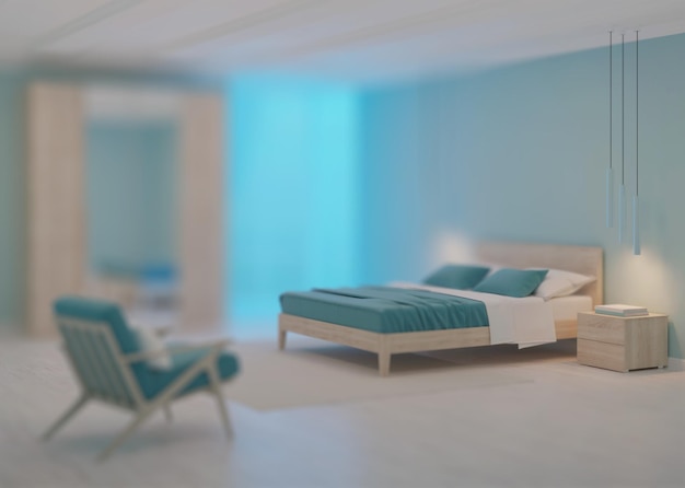 Modern bedroom interior with blue walls. night. evening\
lighting. 3d rendering.