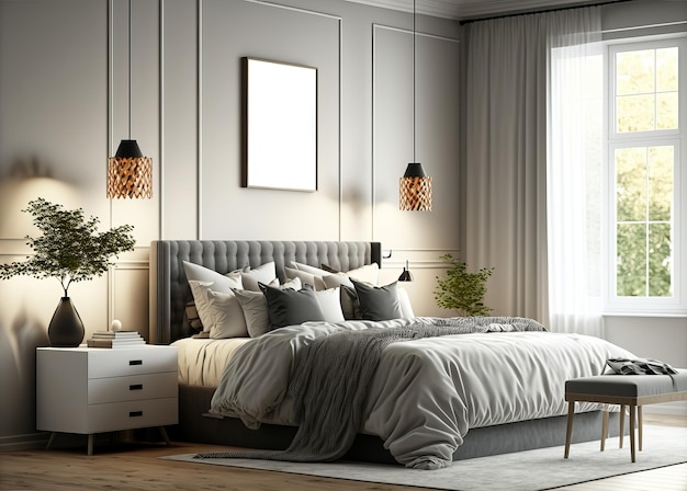 Modern bedroom interior with cozy bedding and a blank picture frame on the wall Generative ai