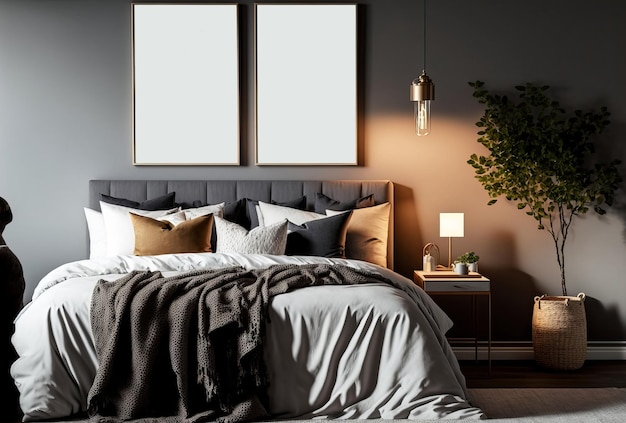 居心地の良い寝具と壁に空白の額縁を備えたモダンなベッドルームのインテリアジェネレーティブai