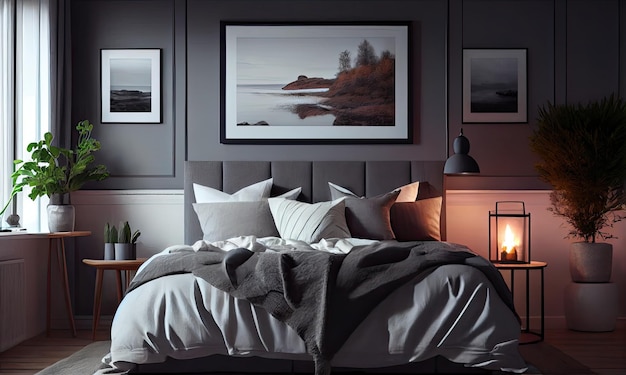 Modern bedroom interior with cozy bedding generative AI