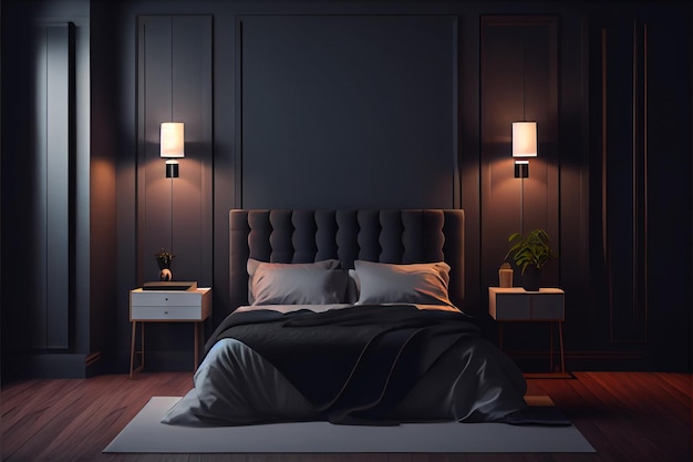 Modern bedroom interior with empty black wall d rendering imagethere are minimalist style decorate r