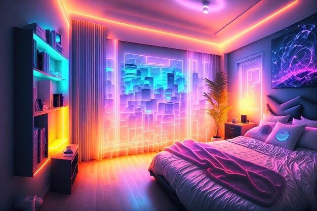 Modern bedroom interior with neon lights glowing ambient in the evening Luxurious stylish apartment