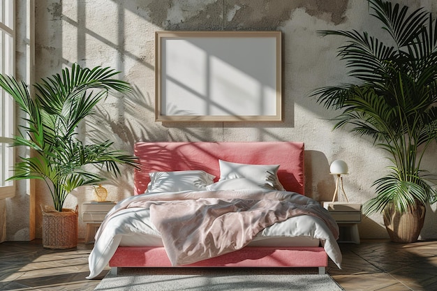 Modern bedroom interior with soft cozy pink bed pillows green plants with framed picture on the wall