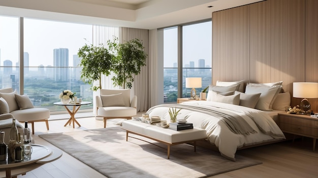 Modern bedroom interior with window and city view and wooden furniture 3D Rendering