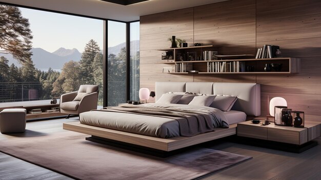 現代的な寝室のインテリア - 木製の床ダブルベッド木製の床と大きな窓 - パーケットの床パーケットの床 - 夜の床