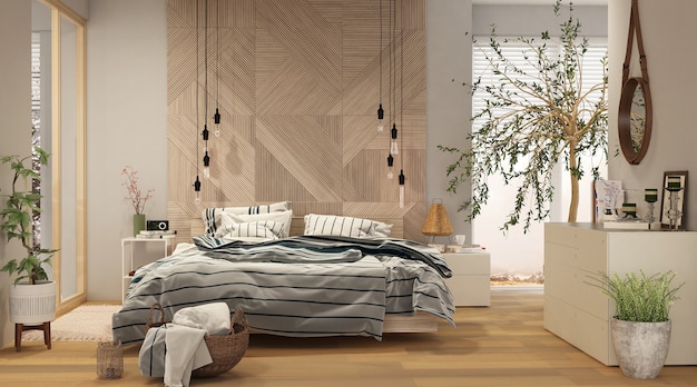 Modern bedroom interior with wooden panels in ecostyle.