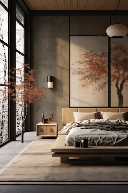 A modern bedroom made of wood in pastel beige tones Interior design concept Japandi Double bed