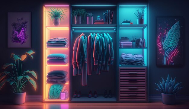 Modern bedroom neon closets cupboard interiors design AI Generated image