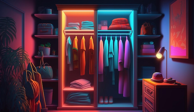 Modern bedroom neon closets cupboard interiors design AI Generated image