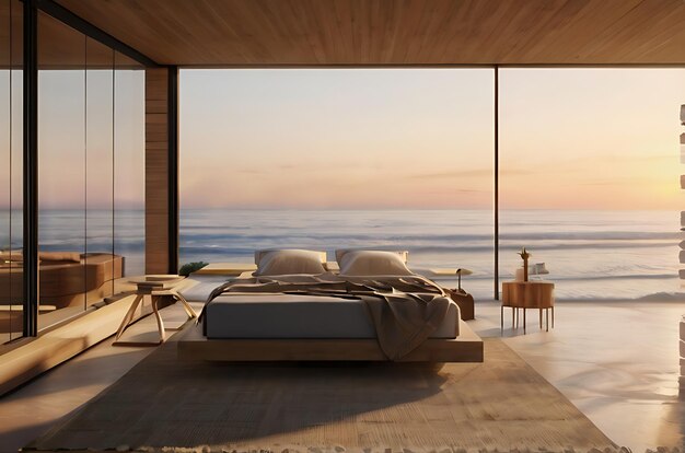 海を見下ろすモダンな寝室