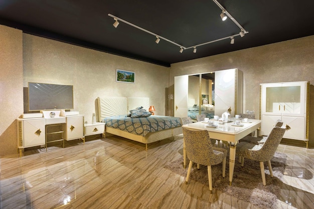 Современная спальня со столом и мебелью, дизайн интерьера, мебельный магазин Баку, Азербайджан 01042022
