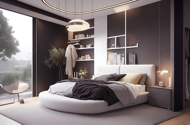 ミニマリストの寝室に黒のデザインを施したモダンなベッドルーム