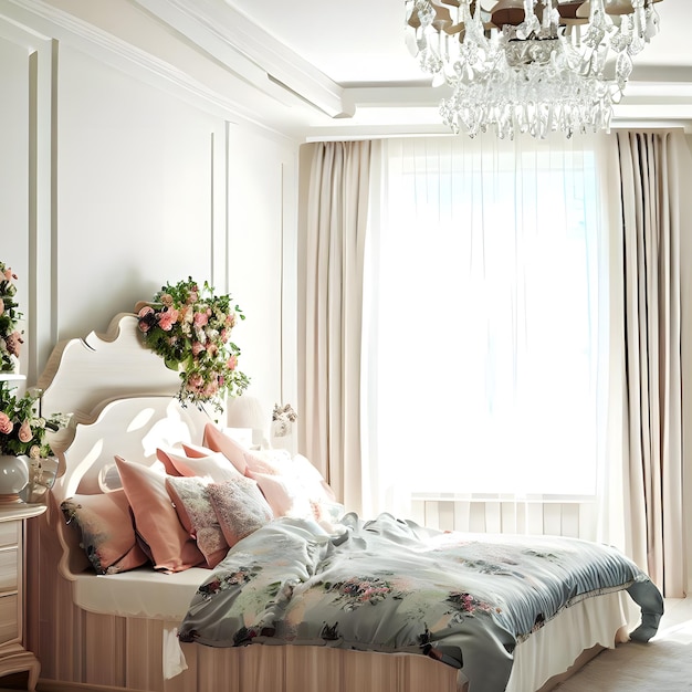 Modern bedroom with beautiful furniture comfortable bedpillow and chandelier