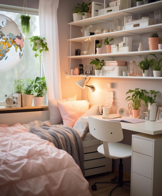 사진 침대 책상 선반 과 식물 이 있는 현대적 인 침실