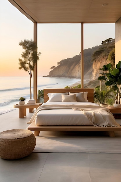 a modern bedroom with a bed and a window overlooking the ocean