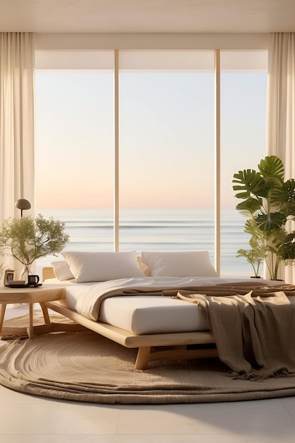 Photo a modern bedroom with a bed and a window overlooking the ocean