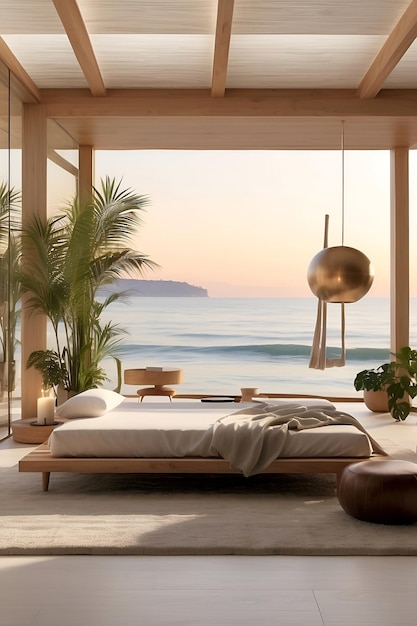 a modern bedroom with a bed and a window overlooking the ocean