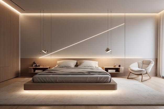 Modern bedroom with beige walls and a white bed