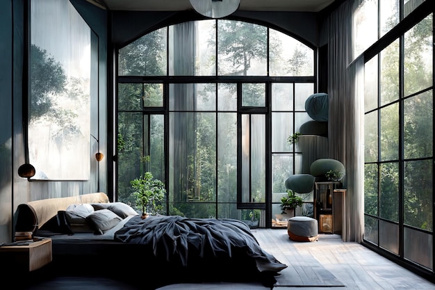 Modern bedroom with big french windows