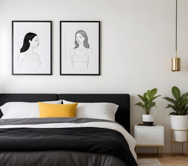 A modern bedroom with a black headboard and white bedding with a yellow accent pillow