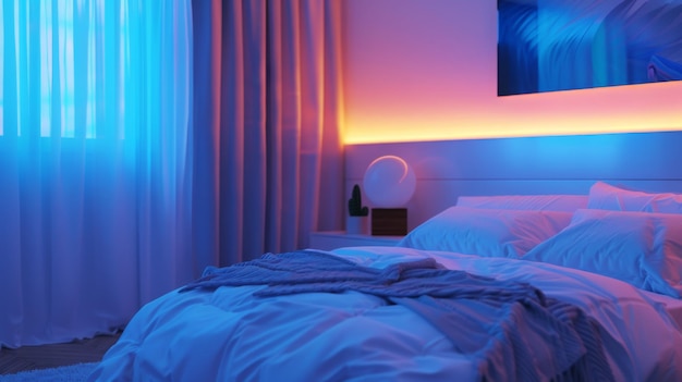 Modern bedroom with blue and orange ambient lighting at night