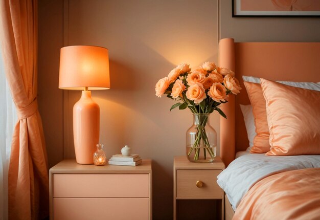 ベッドサイド・キャビネットのクローズアップ付きのモダンなベッドルーム ベッドの近くのベッドサイドのキャビネットに花瓶