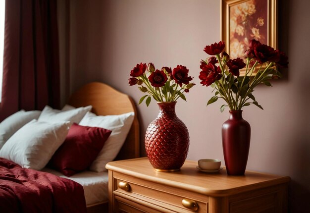 Modern Bedroom With Close Up Of Bedside Cabinet Flower Vase On The Bedside Cabinet Near Bed