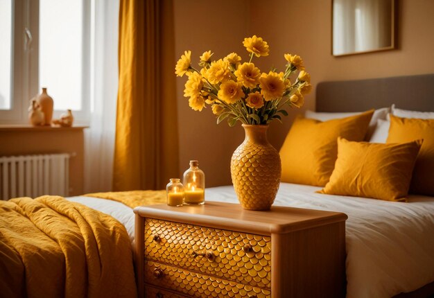 Modern Bedroom With Close Up Of Bedside Cabinet Flower Vase On The Bedside Cabinet Near Bed