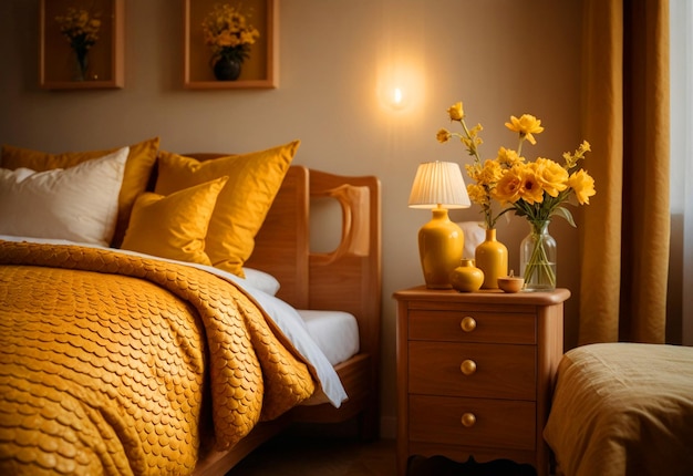 Modern Bedroom With Close Up Of Bedside Cabinet Flower Vase On The Bedside Cabinet Near Bed