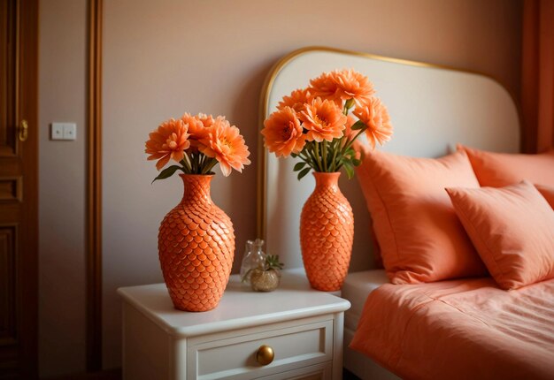 Foto camera da letto moderna con close-up dell'armadio da letto vaso di fiori sull'armario da letto vicino al letto