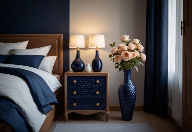 Modern Bedroom With Close Up Of Bedside Cabinet Flower Vase On The Bedside Cabinet Near Bed