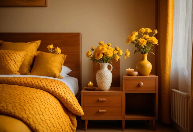 Modern Bedroom With Close Up Of Bedside Cabinet Flower Vase On The Bedside Cabinet Near Bed