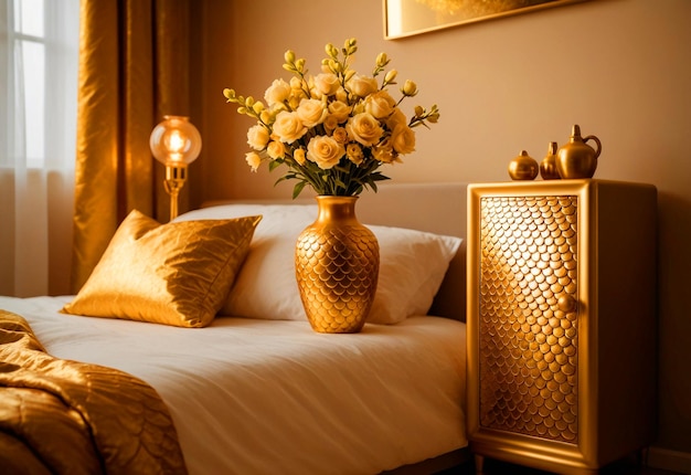 Modern Bedroom With Close Up Of Bedside Cabinet Flower Vase On The Bedside Cabinet Near Bed