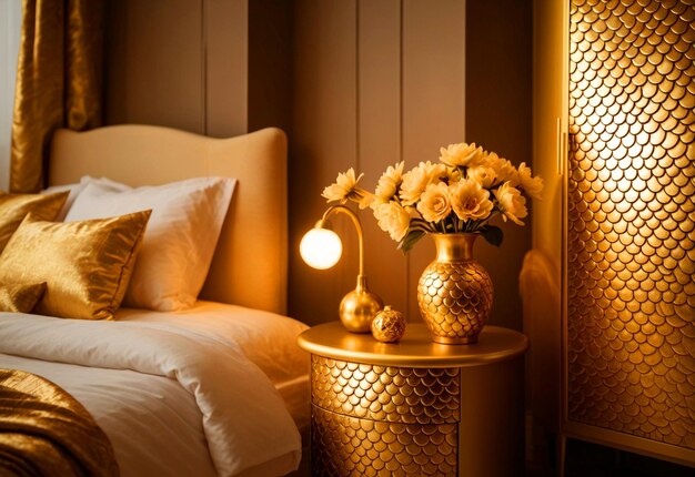 Modern Bedroom With Close Up Of Bedside Cabinet Flower Vase On The Bedside Cabinet Near Bed