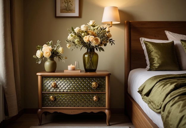 Modern Bedroom With Close Up Of Bedside Cabinet Flower Vase On The Bedside Cabinet Near Bed