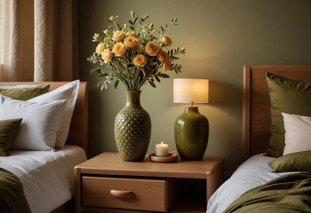 Modern Bedroom With Close Up Of Bedside Cabinet Flower Vase On The Bedside Cabinet Near Bed