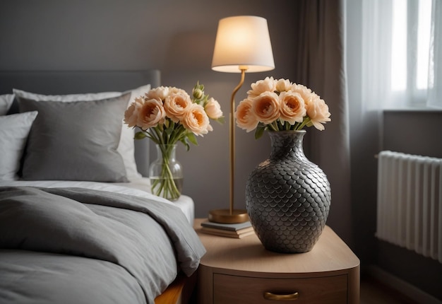 Modern Bedroom With Close Up Of Bedside Cabinet Flower Vase On The Bedside Cabinet Near Bed