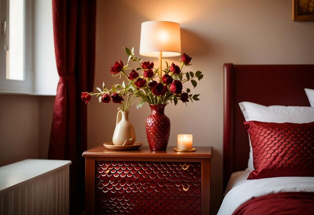 Modern Bedroom With Close Up Of Bedside Cabinet Flower Vase On The Bedside Cabinet Near Bed