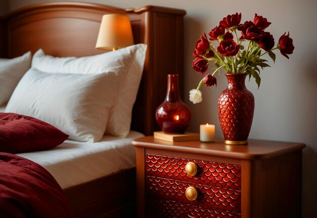 Modern Bedroom With Close Up Of Bedside Cabinet Flower Vase On The Bedside Cabinet Near Bed